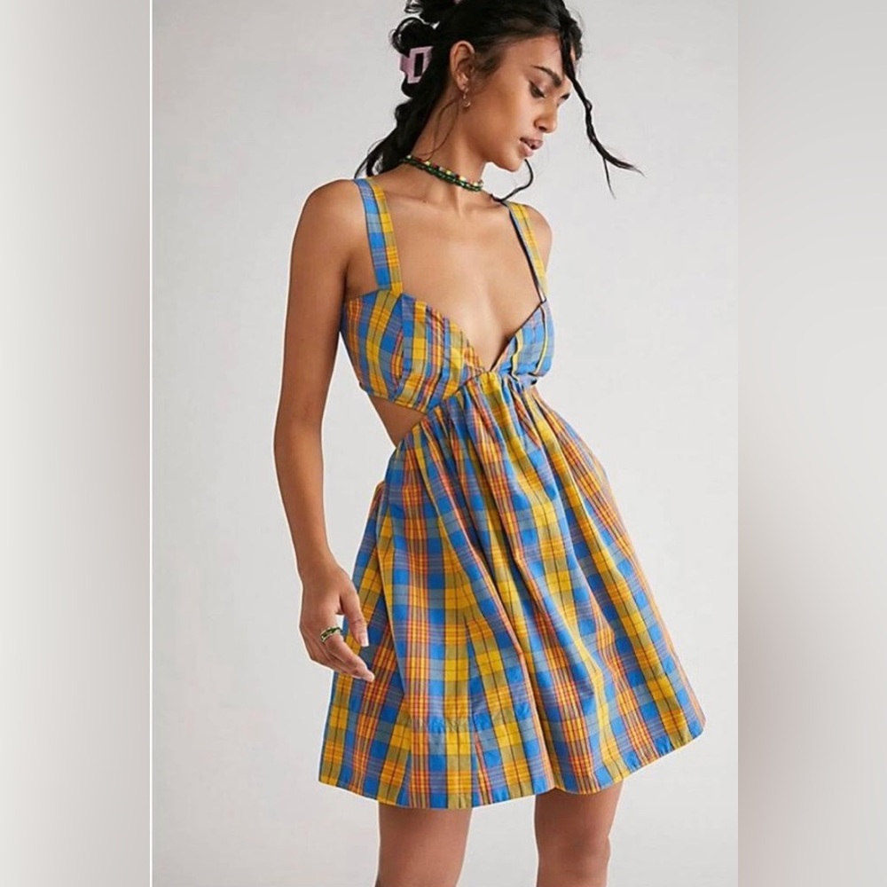 Free People Blue and Yellow Plaid Midi Dress